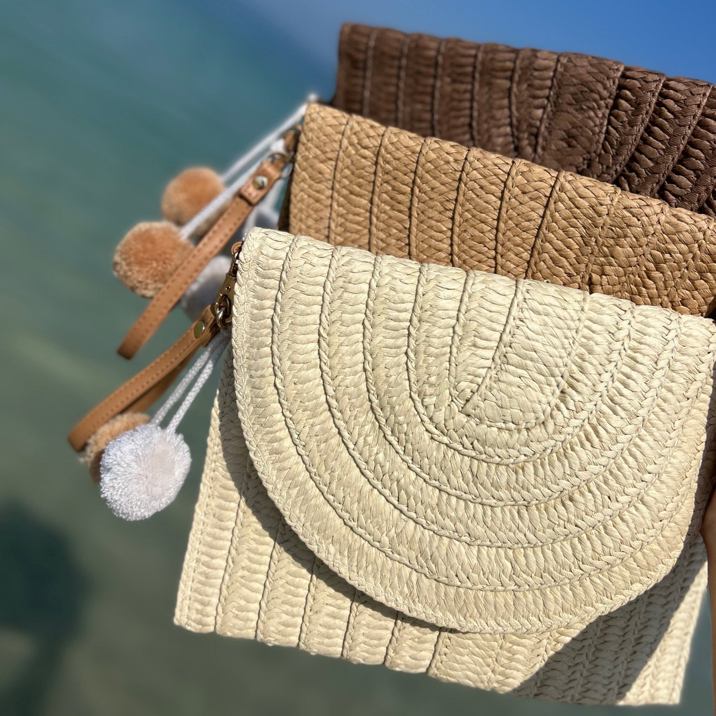 Straw Clutch Pom Pom