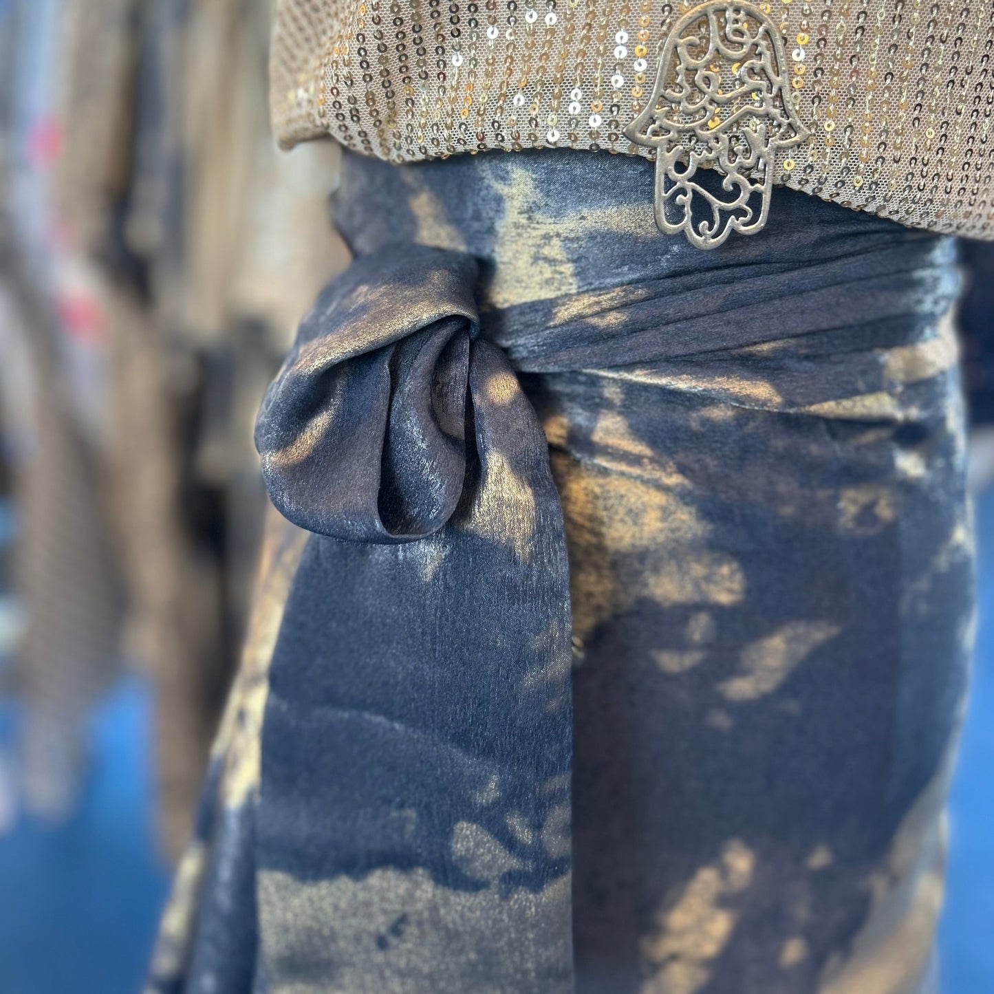 Wrap skirt metallic gold & grey blue