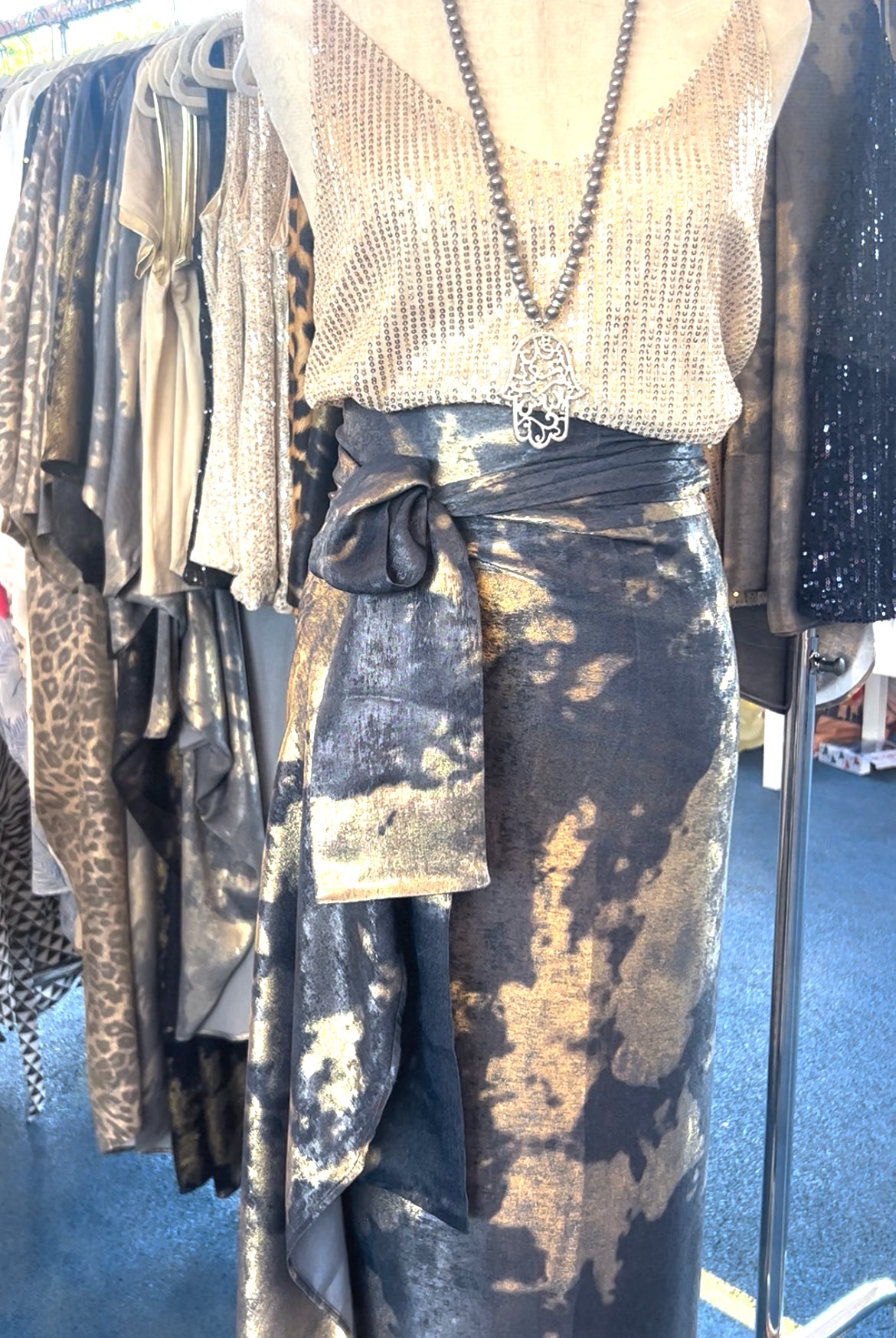 Wrap skirt metallic gold & grey blue