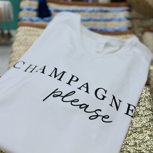 White V neck T shirt with 'CHAMPAGNE please' text 