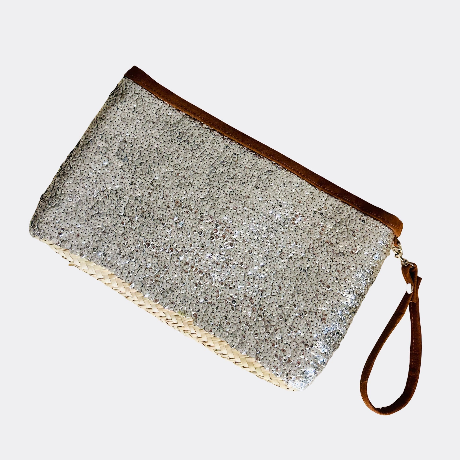 Full Silver sequin pouch with tan leather trim and detachable handle strap