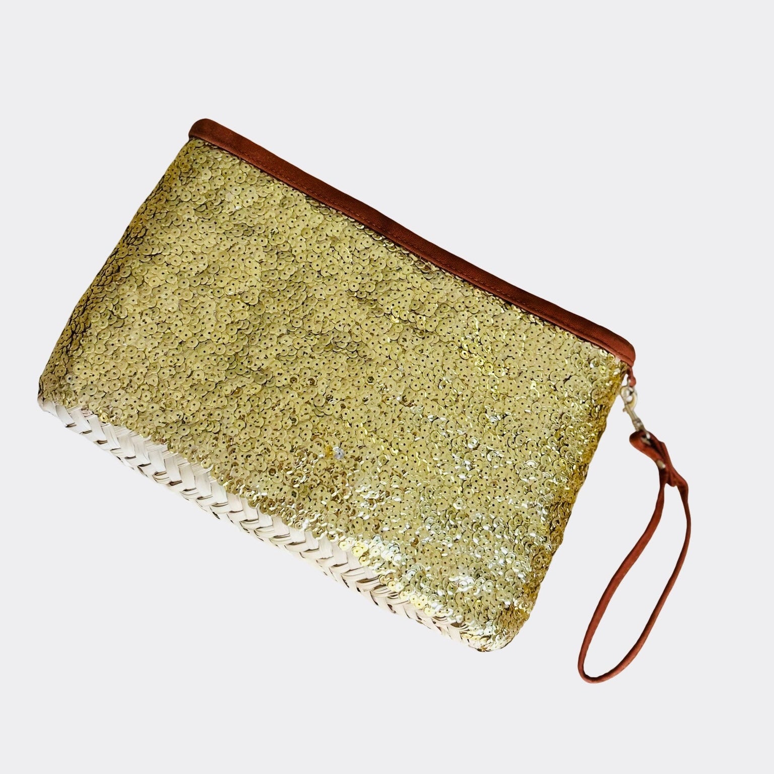 Gold sequin clutch bag with brown leather trim