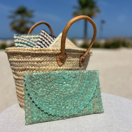 Envelope palm leaf woven bag in turquoise 29cm x 16cm