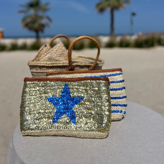 Hand made moroccan clutch bag with gold sequins and blue star. Tan leather trim and zip to close