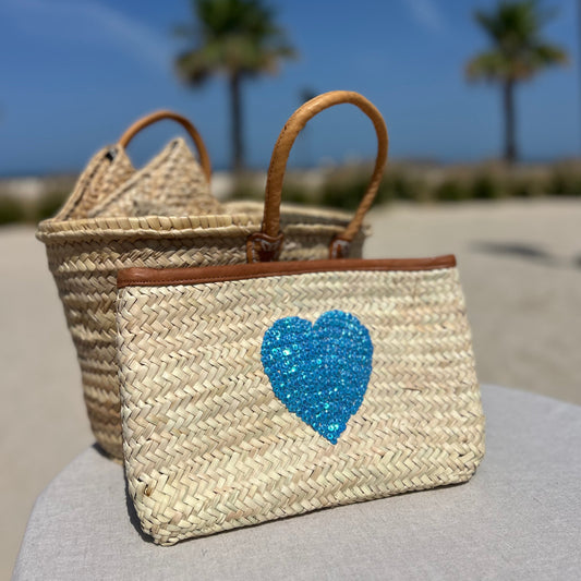 Natural palm Moroccan woven clutch bag with sequin blue heart and leather trim and zip fastener