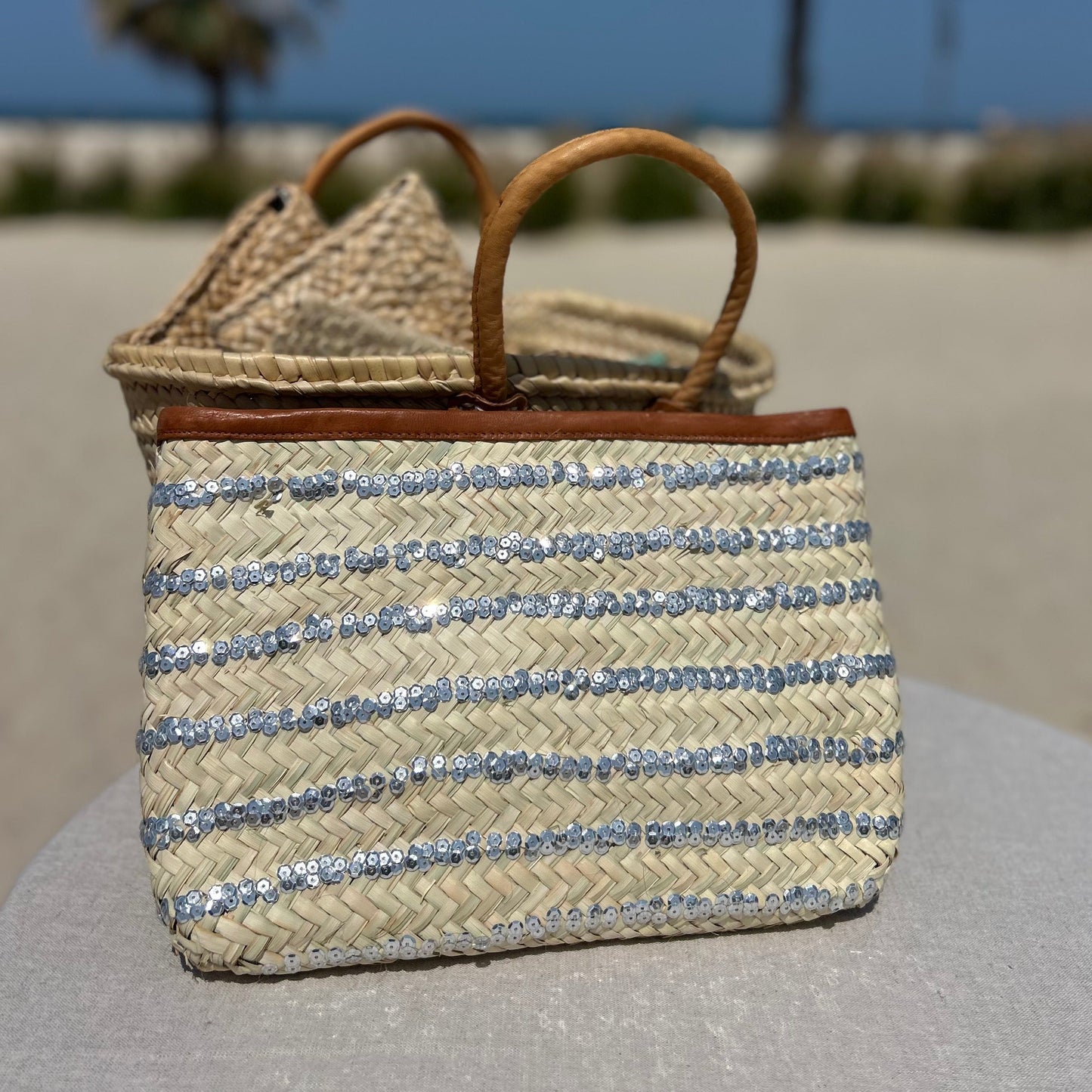 Hand made Morroccan clutch bag with silver sequin stripes , tan leather trim and zipper to close