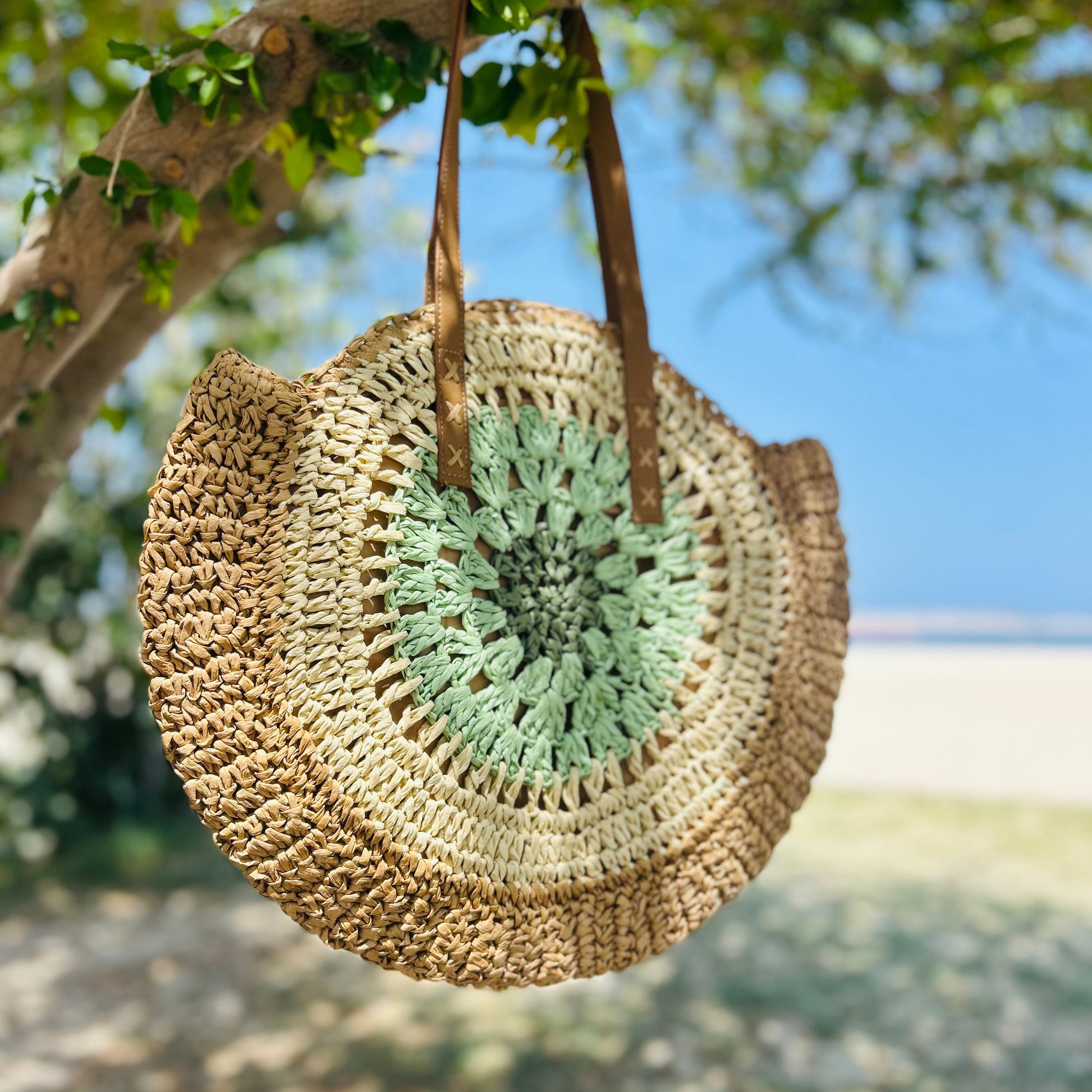 Rattan Crocheted beach bag - green and tan colour