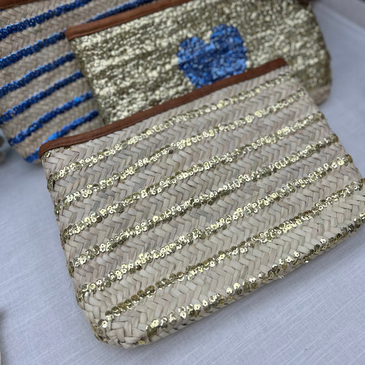 Morroccan hand made clutch bag with gold sequin stripe, tan leather trim and zip fastening

