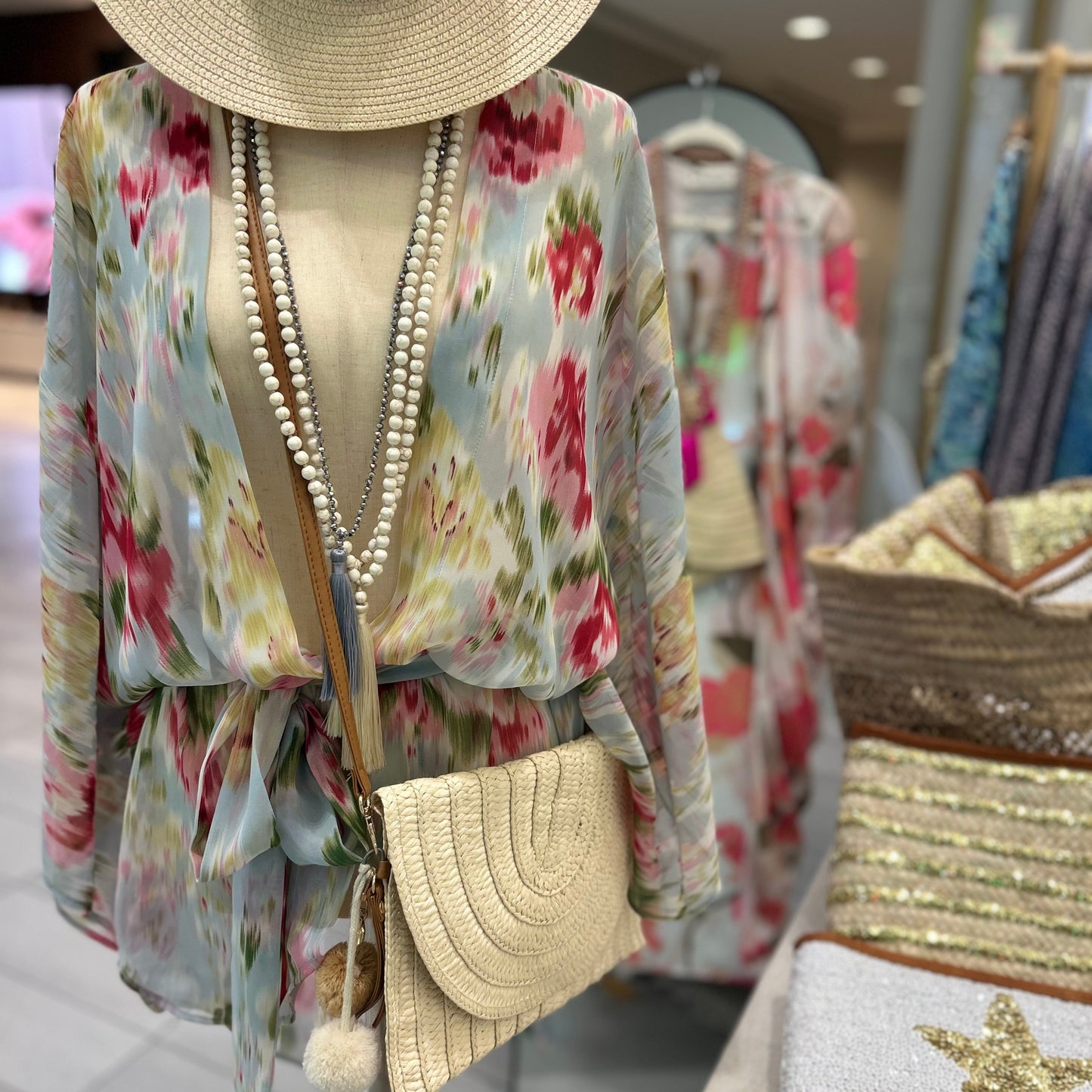 Pretty chiffon kimono with kimono sleeve and belt in teal and red floral print.